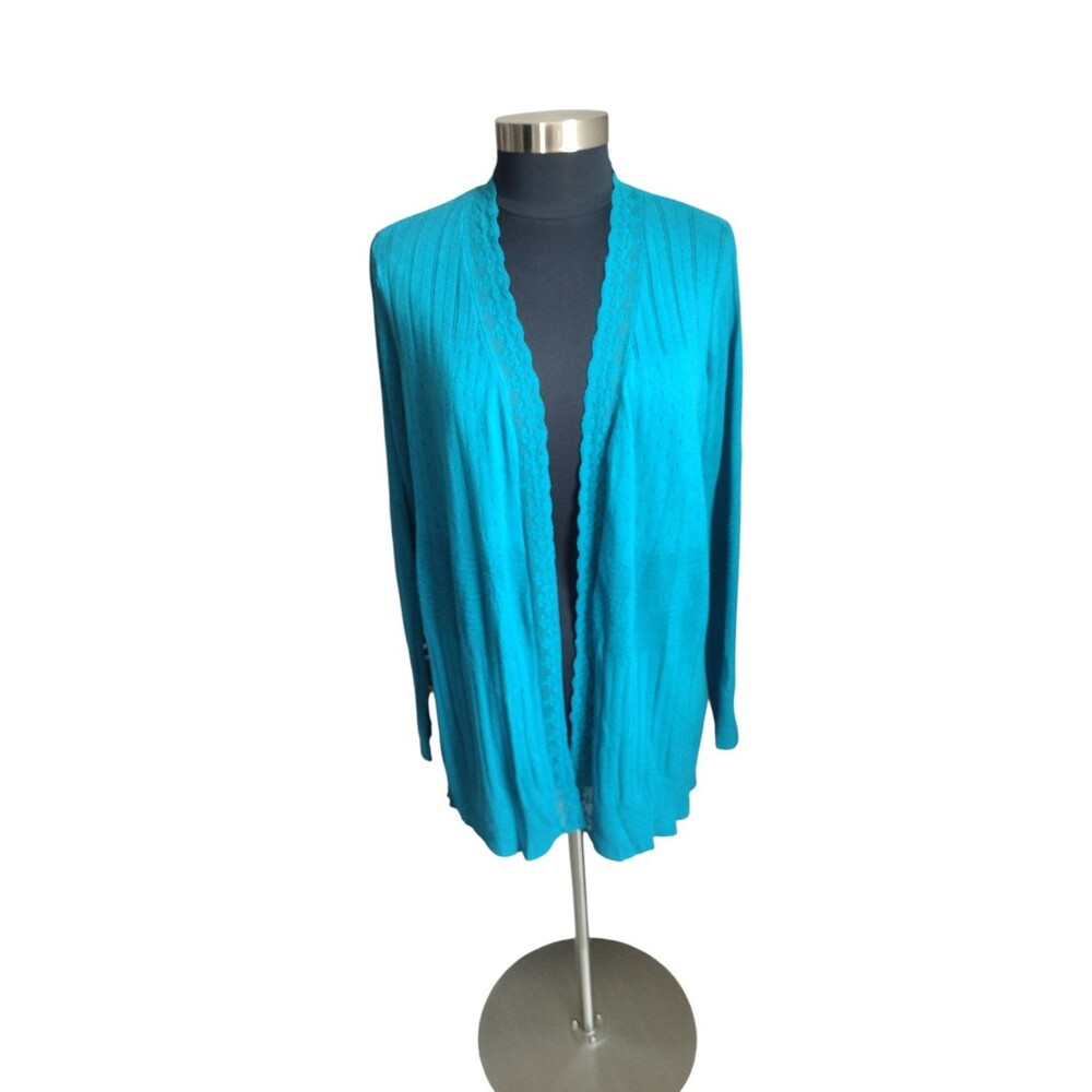 Relativity Teal Blue Open Work Knit Sweater Lace Trim Size 1X